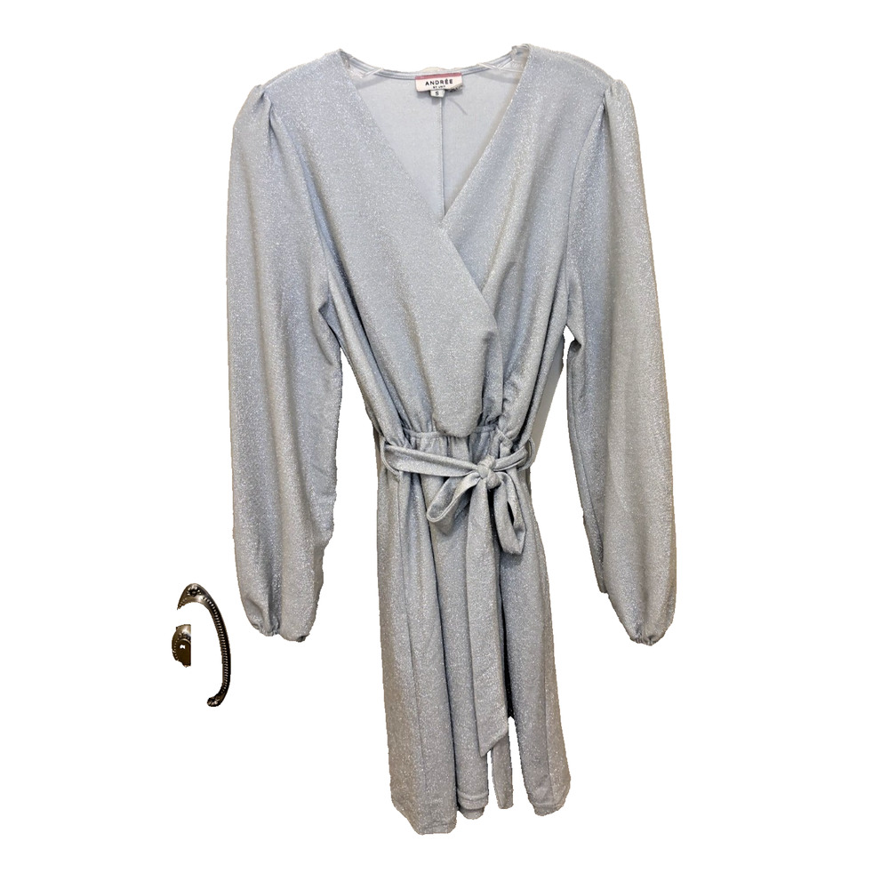 New Andree by Unit Silver sparkly long sleeve faux wrap dress belt size Small